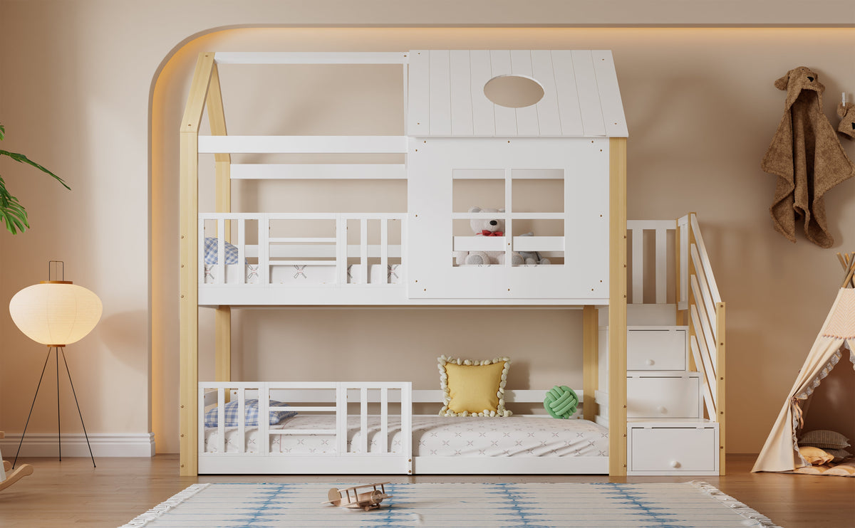 Bunk Bed, Storage Ladder House Bed with Safety Gate, Window & Roof, Pine+MDF White+Natural, 90x200cm