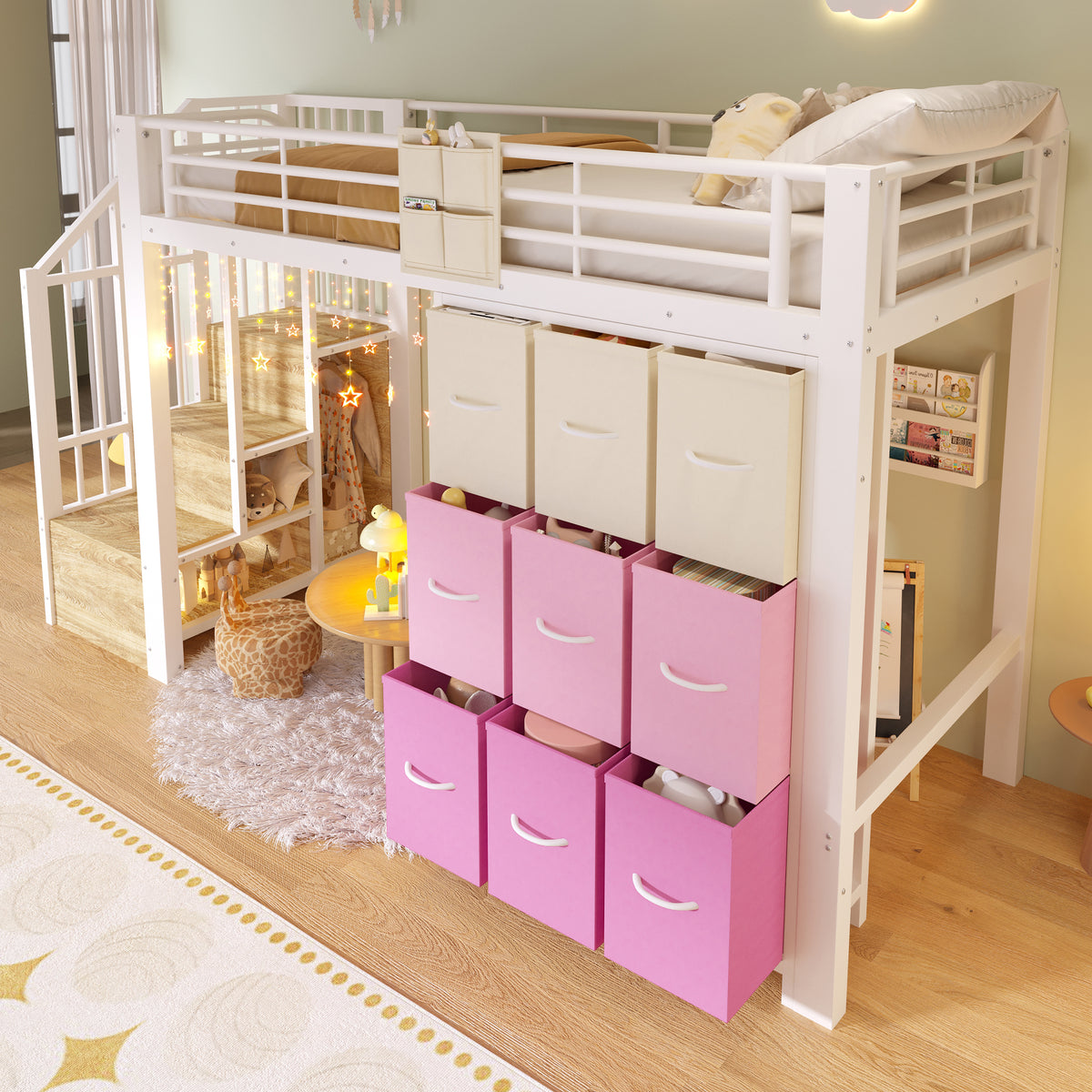 Loft Bed 90x200cm with Stairs Drawers & Clothes Rail, White Metal