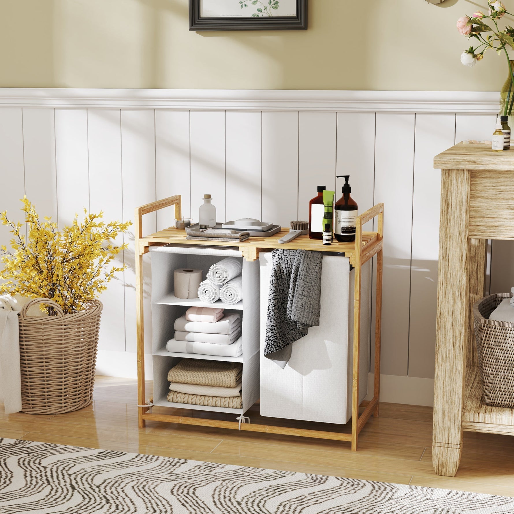 Laundry Basket 4 Compartments, Extendable Bags, 83L, Bamboo White