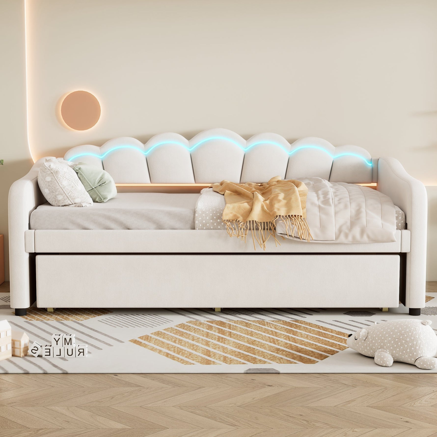 Daybed Sofa Bed 90x200cm Pull-out Bed Ambient Light Remote - Velvet Beige
