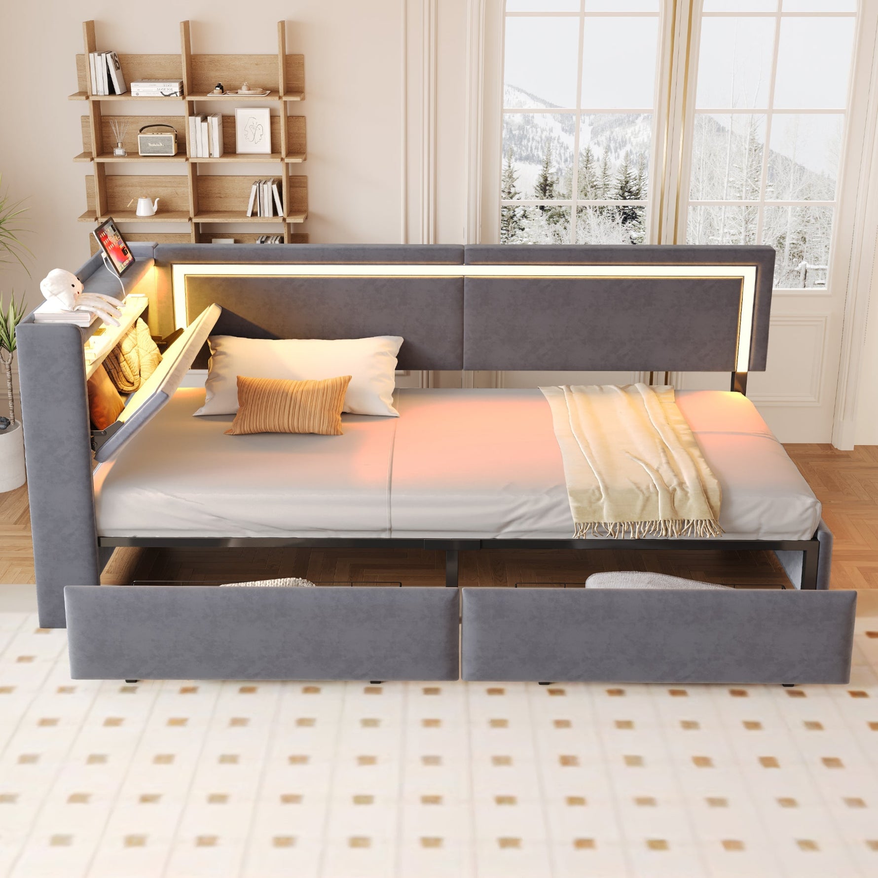 Upholstered Sofa Bed 90x200cm with LED & USB Headboard Storage Drawer Dark Grey Velvet