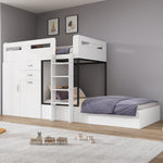 Children's Bunk Bed with Pull-out Desk, Wardrobe, Storage, White