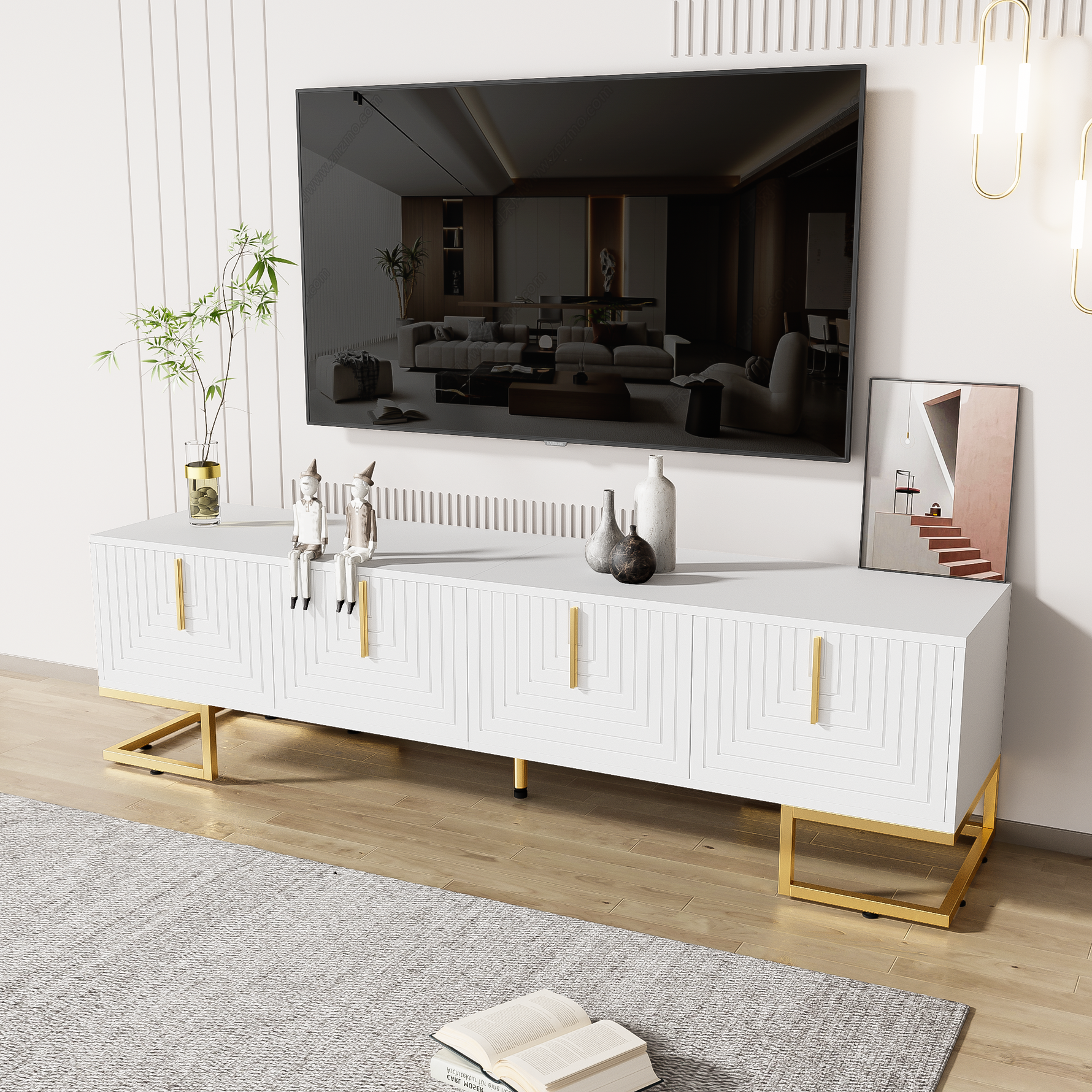 TV Cabinet Lowboard Textured Door Gold Handles and Feet