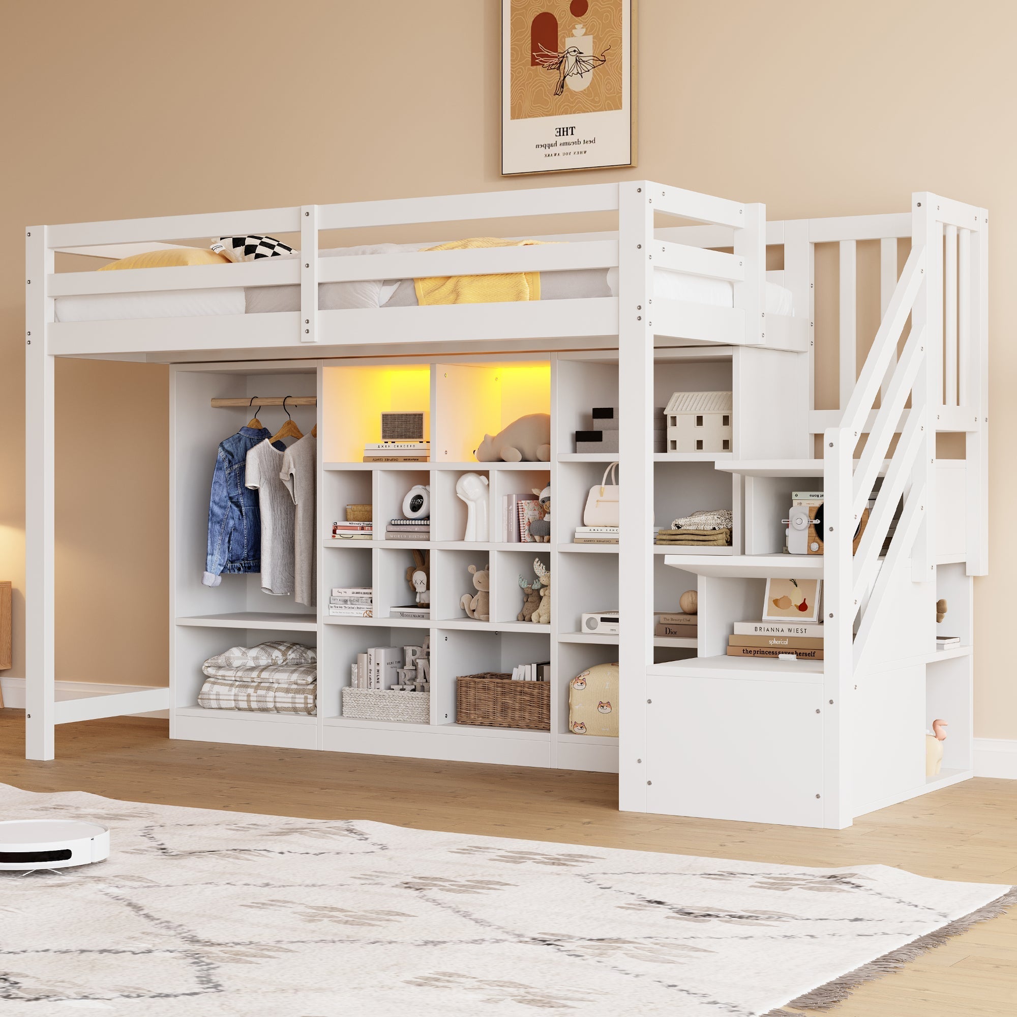 Loft Bed with Wardrobe, Storage Cabinets, LED and Storage Ladder, 90x200cm, White