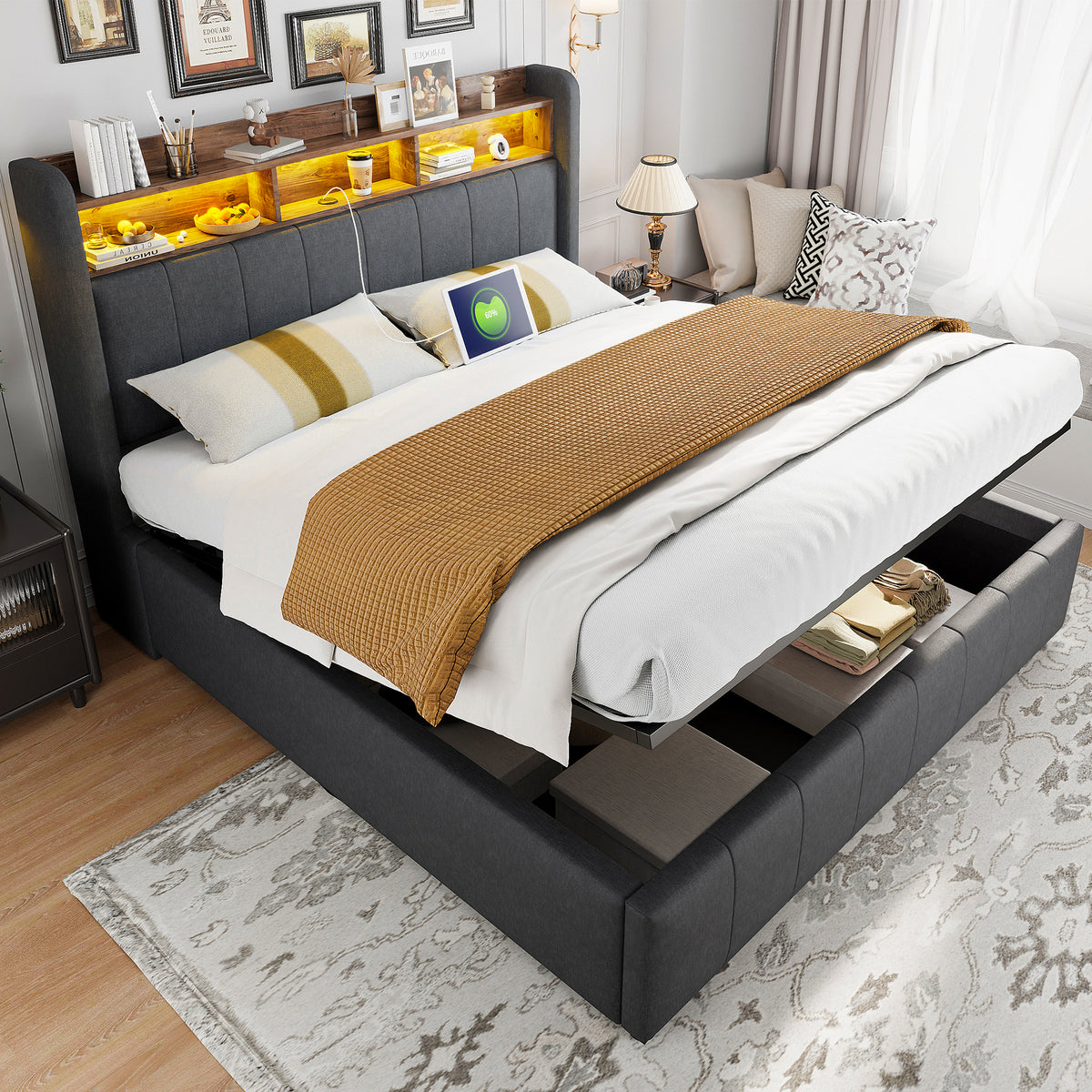 Upholstered Double Bed with USB & LED 180x200cm, Linen