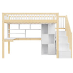 Loft Bed with LED Lights, Desk, Shelves and Storage Ladder, 90x200cm, White and Natural Wood