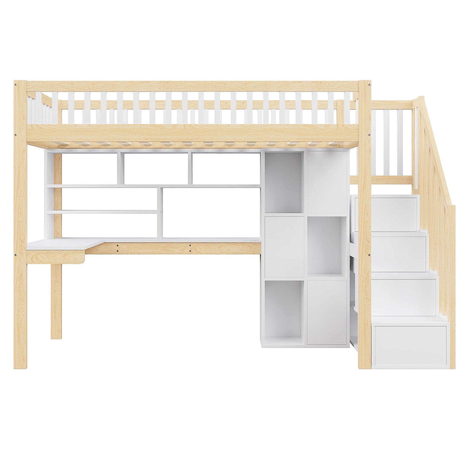 Loft Bed with LED Lights, Desk, Shelves and Storage Ladder, 90x200cm, White and Natural Wood