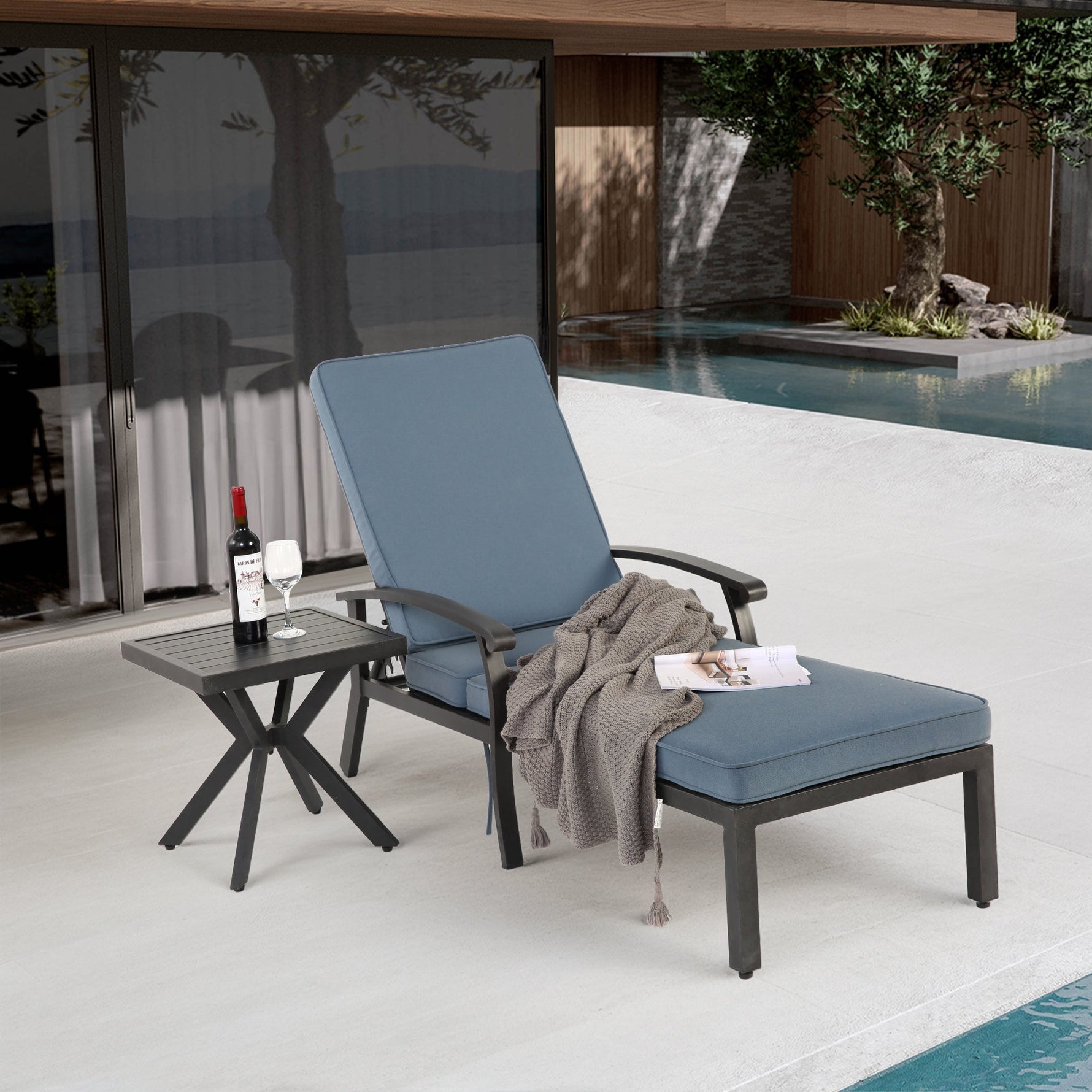Lounge Patio Chair, Adjustable Reclining Rustproof Aluminum Poolside Chaise, Blue