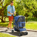 Dog Buggy, Foldable Rain Cover, Bottom Basket, 2 Cup Holders, Blue