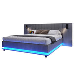 Upholstered Bed 180x200cm LED Spotlight USB Port - Linen Grey