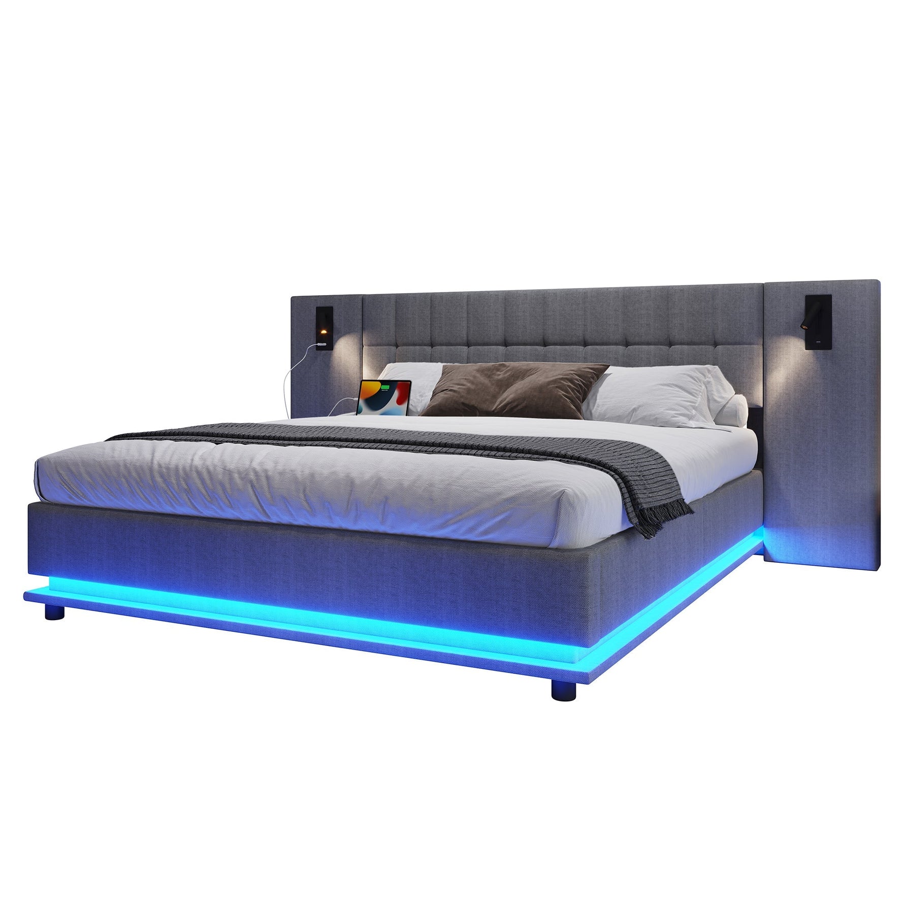 Upholstered Bed 180x200cm LED Spotlight USB Port - Linen Grey