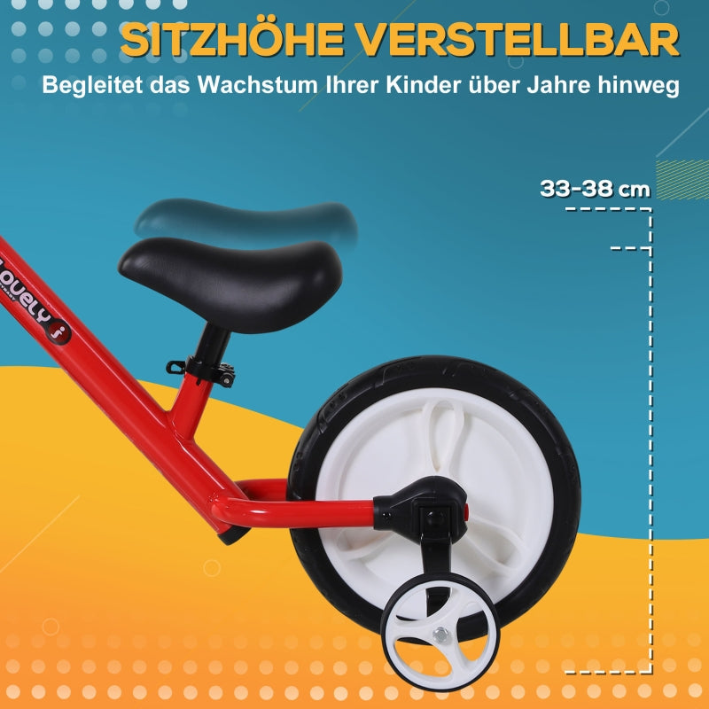 Children's Balance Bike, 2-in-1 with Training Wheels and Pedals, Red