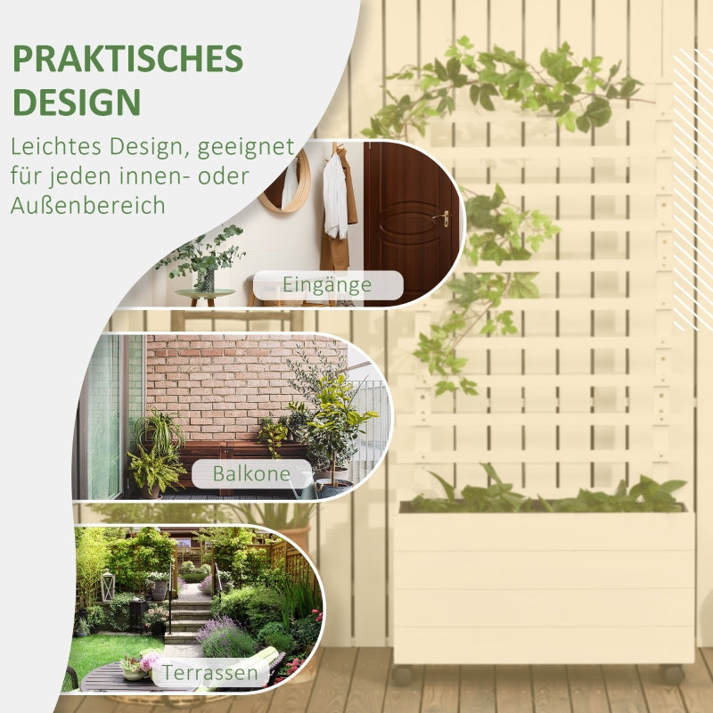 Planter with Trellis, Raised Bed with Wheels, Natural Wood White