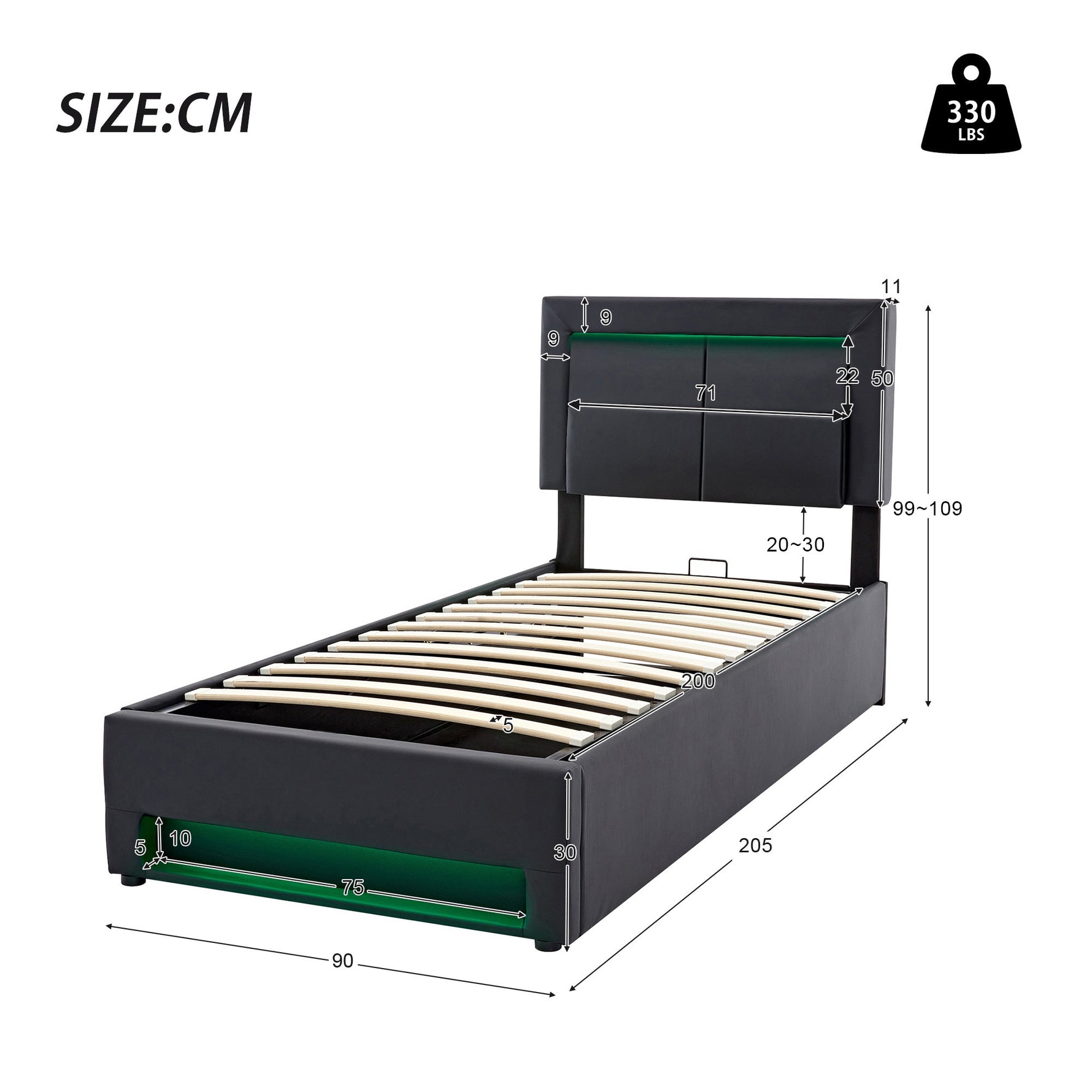 Upholstered Bed 90x200cm USB Charging LED Storage - Black PU Lychee