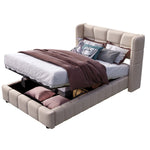 Upholstered Bed with Pneumatic Storage System and Headboard, 90 x 200 cm, Beige Linen