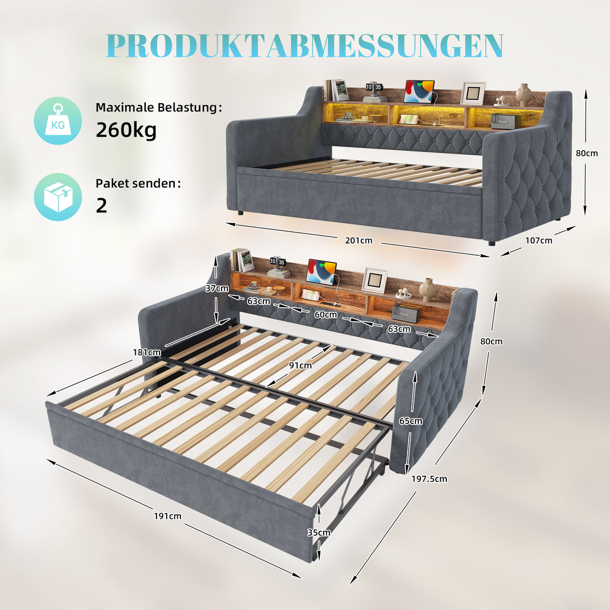 Extendable Sofa Bed 90x200cm with LED & USB, Beige Velvet