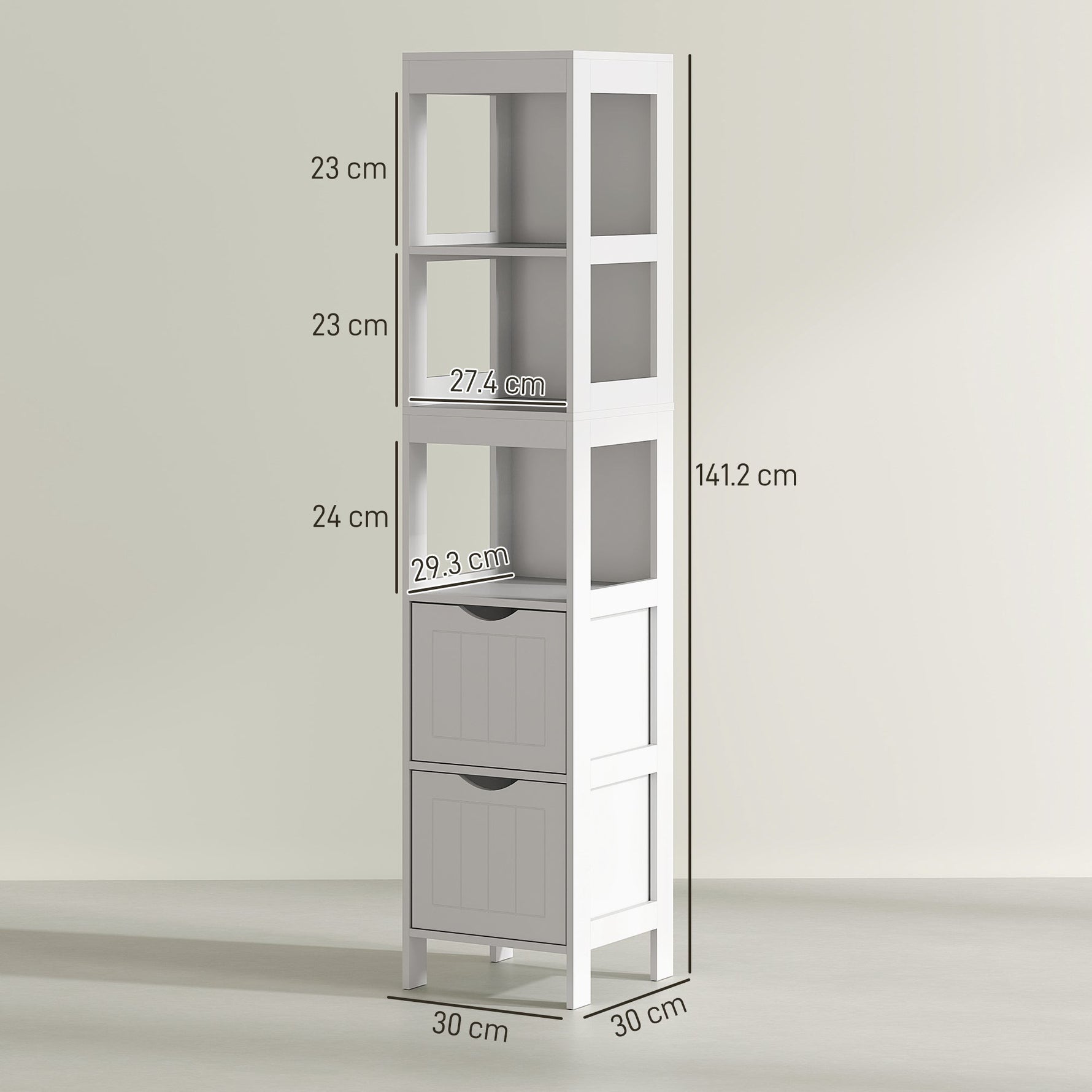 Slim Bathroom Cabinet, Tall with 2 Drawers, 3 Open Compartments, White