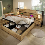 Upholstered Double Bed 160x200cm Hydraulic Storage LED, Beige Linen