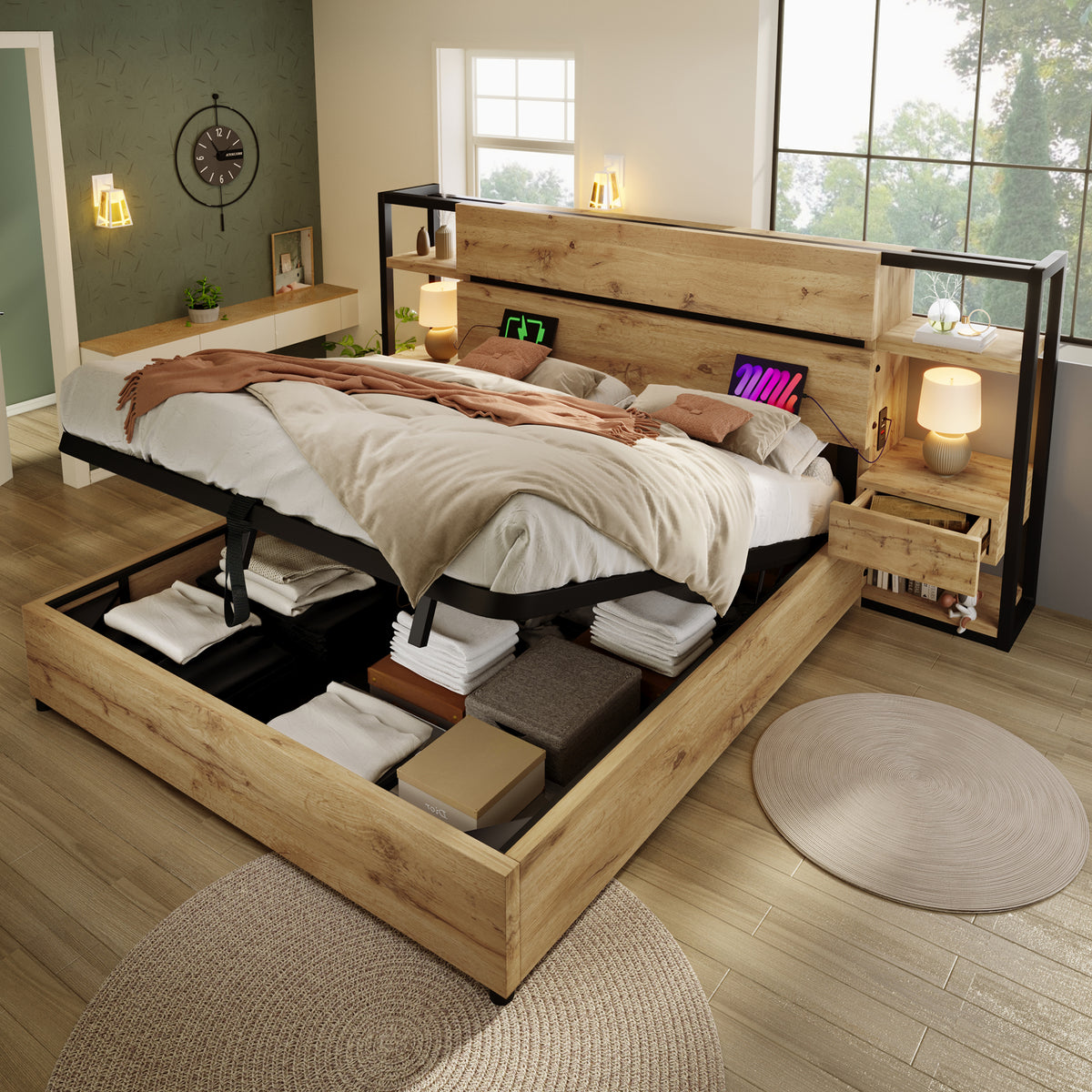 Upholstered Double Bed 160x200cm Hydraulic Storage LED, Beige Linen