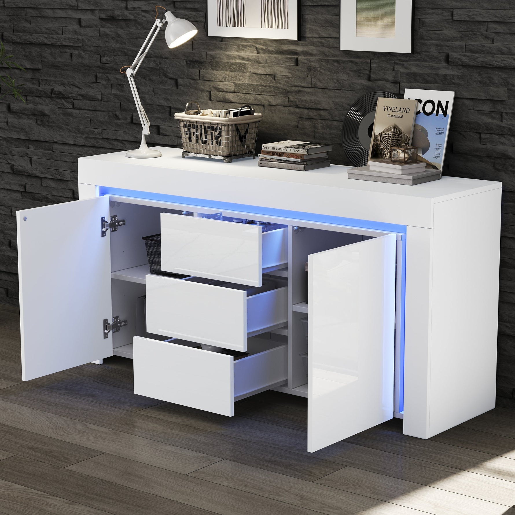 Living Room Cabinet 140cm 3 Drawers 2 Doors LED High-Gloss White