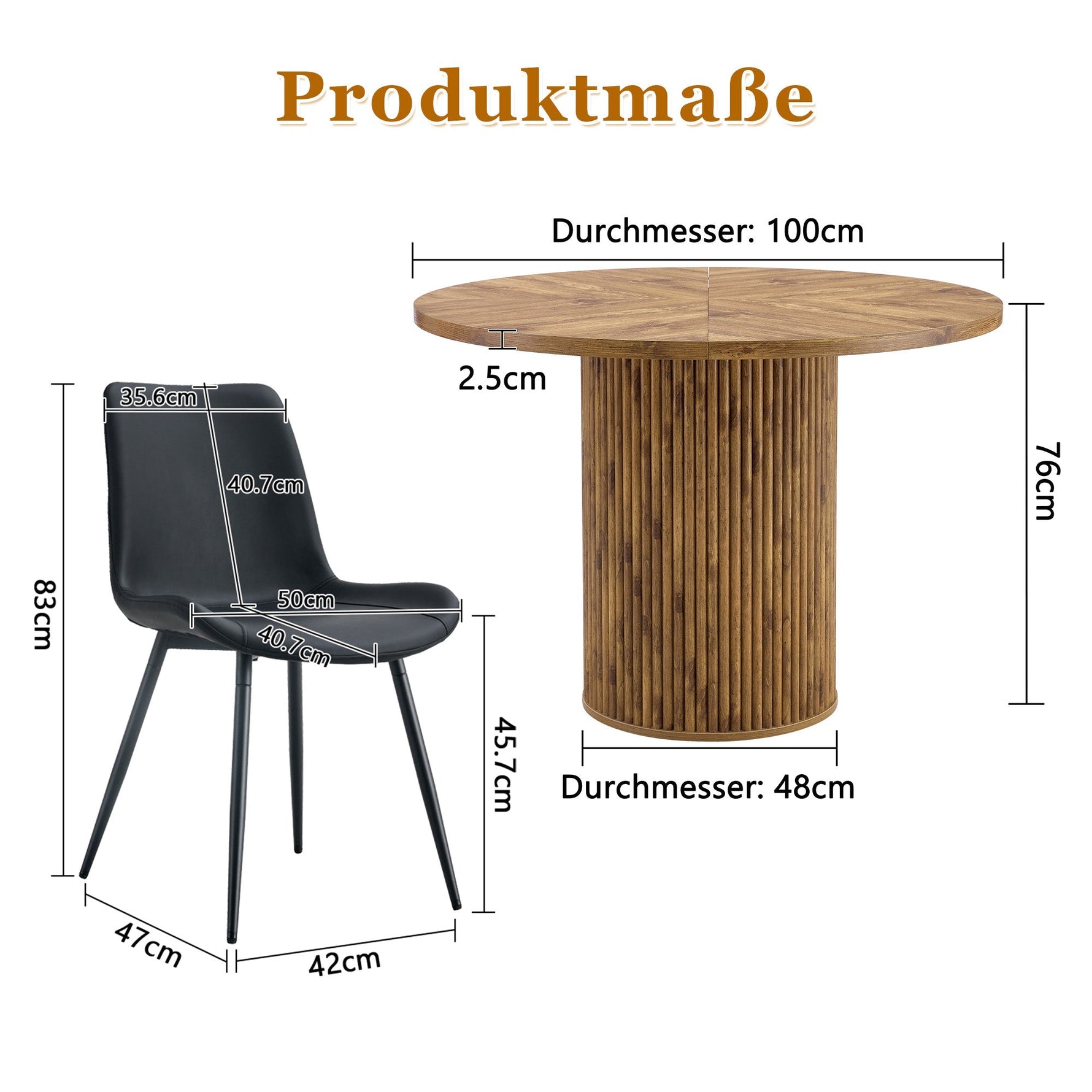 Round Dining Set 100cm Table 4 Faux Leather Chairs - Wood Look/Black