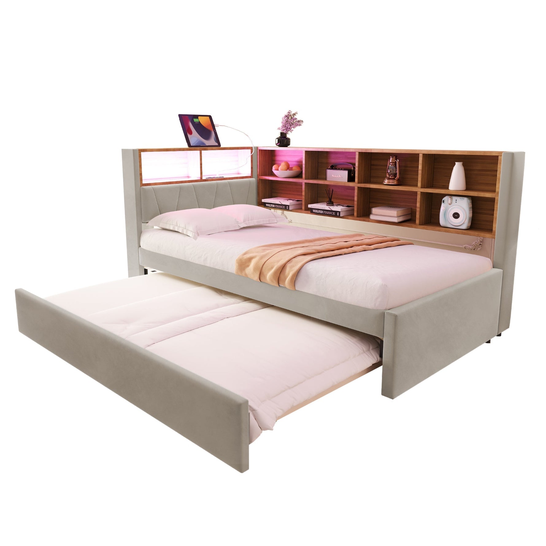 Sofa Bed 90x200 Pull-out LED Storage Flannel Light Grey