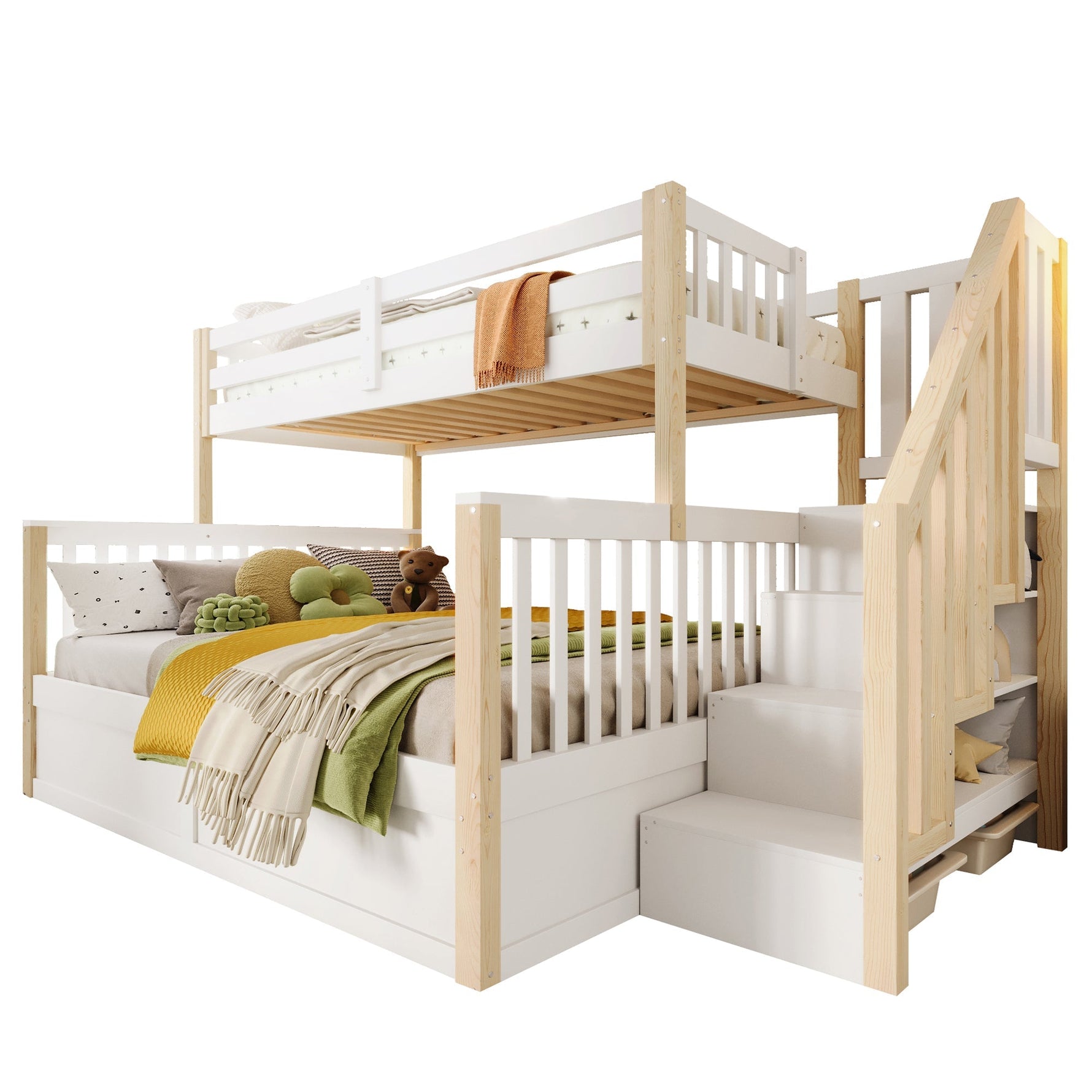 Bunk Bed 90x200/140x200cm Hydraulic Storage Ladder White/Natural