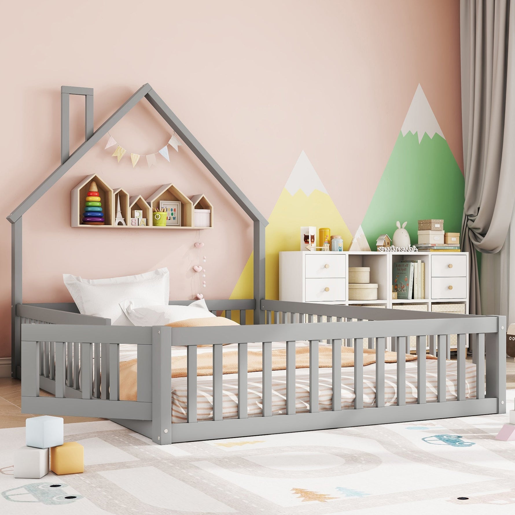 Upholstered Bed 140x200cm Chimney Design Pine Frame - Grey