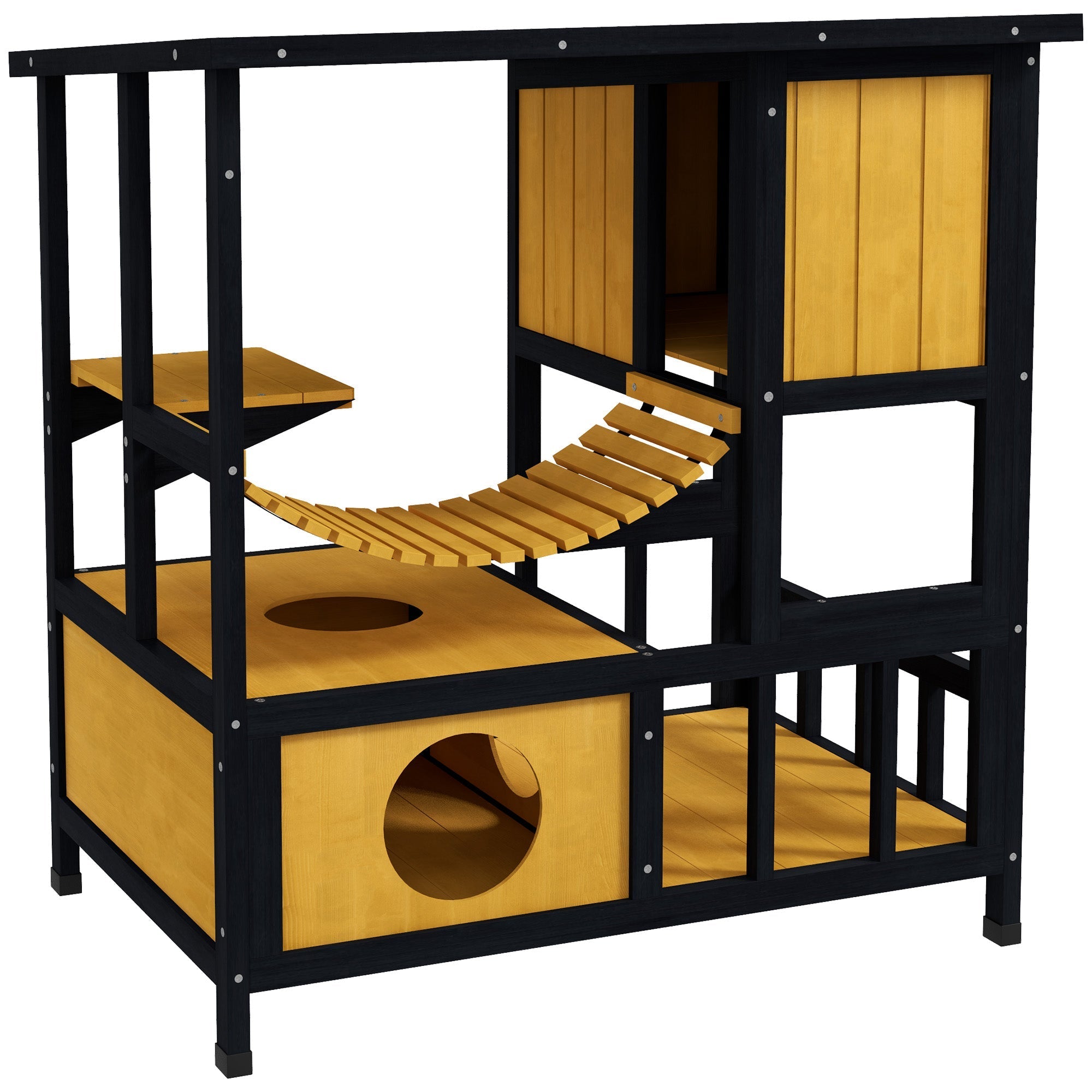 Cat House with Hanging Bridge & Balcony, Waterproof, Yellow Wood
