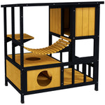 Cat House with Hanging Bridge & Balcony, Waterproof, Yellow Wood