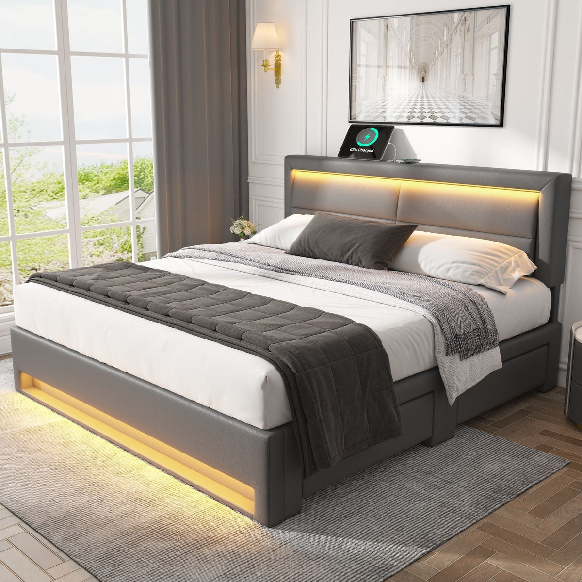 Upholstered Bed 140x200cm USB LED Light 4 Drawers - Grey