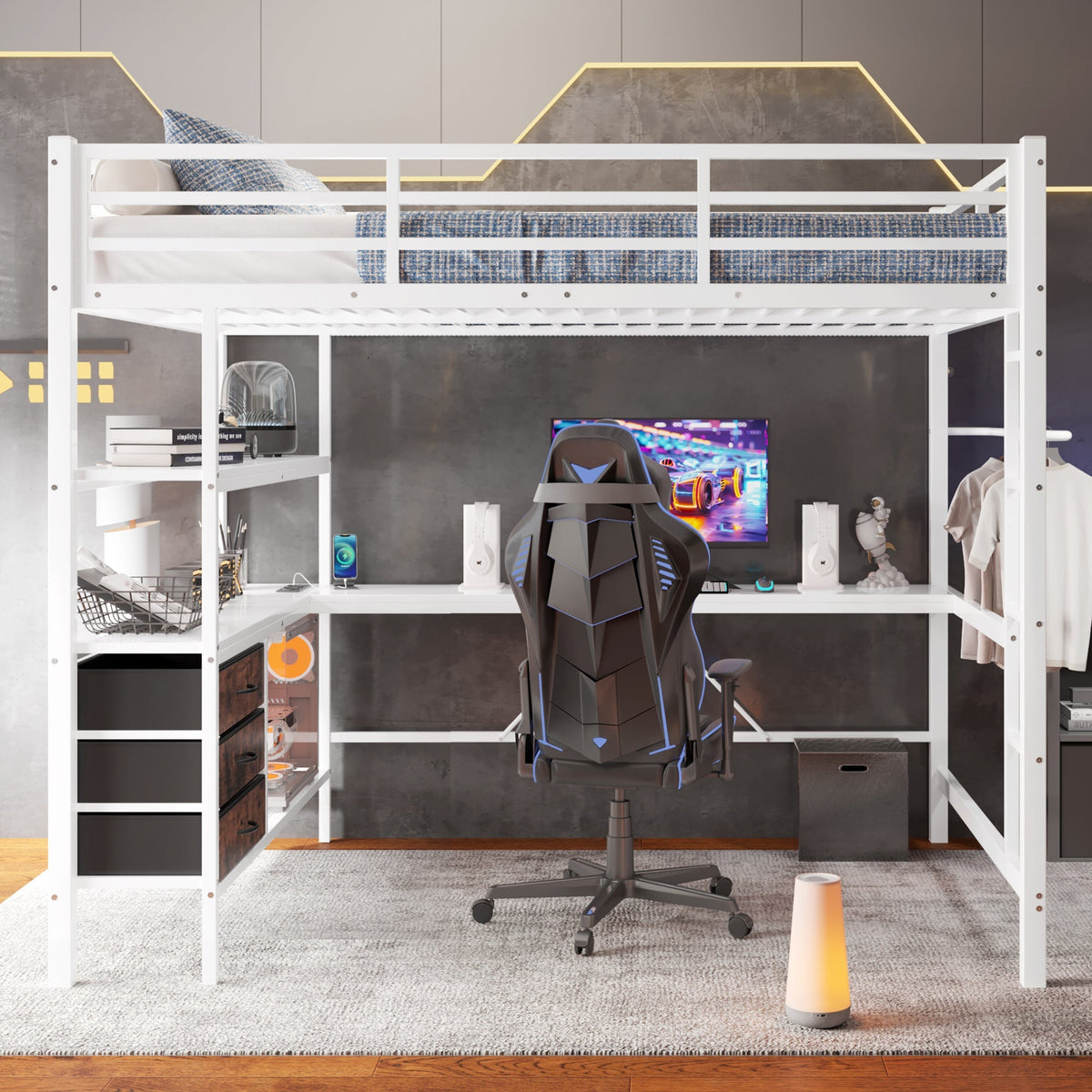 Loft Bed 140x200cm LED Desk USB/Power 3 Drawers Stairs - White