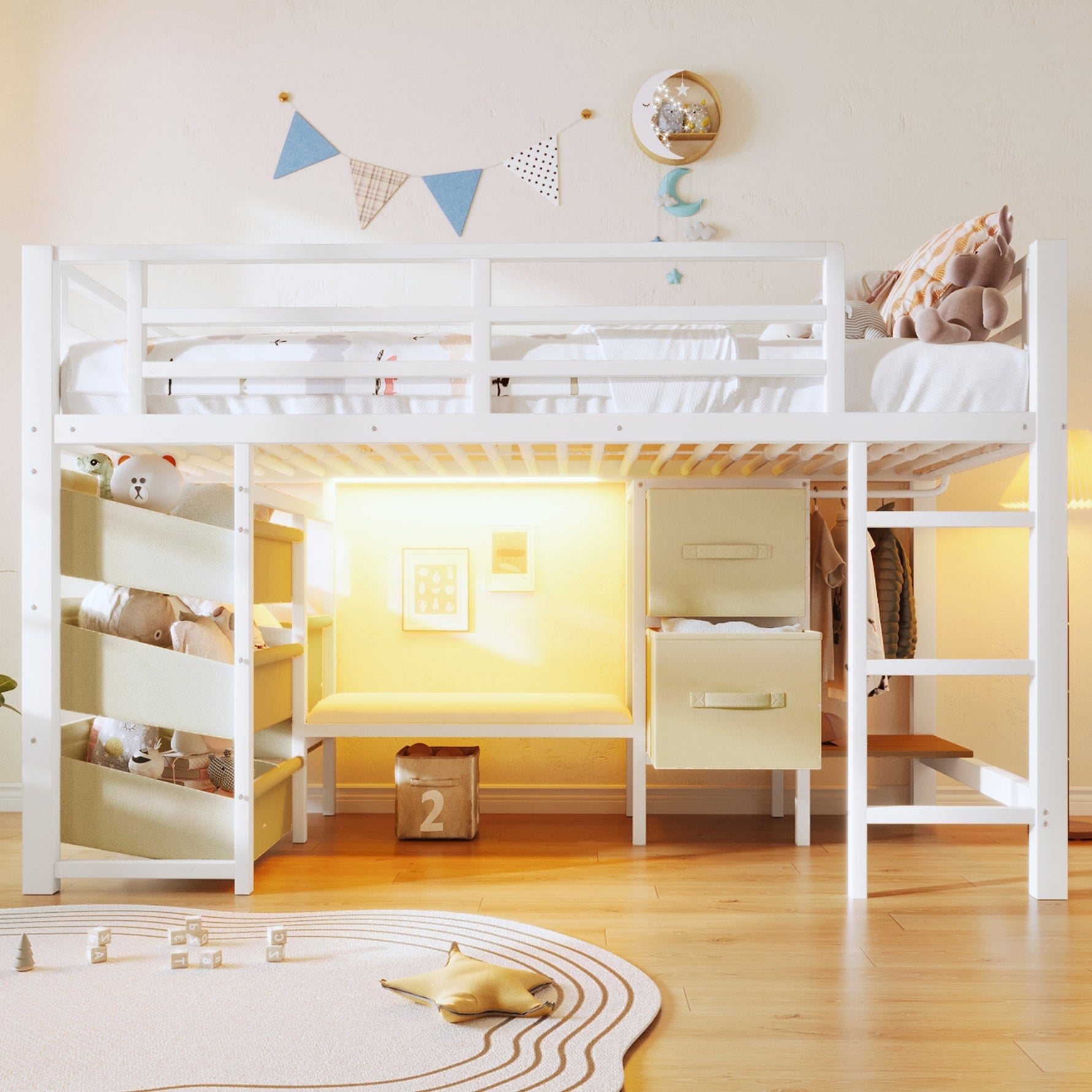 Mid-Height Bed with Storage Drawer and LED Lighting, 90x200 cm, Metal, White