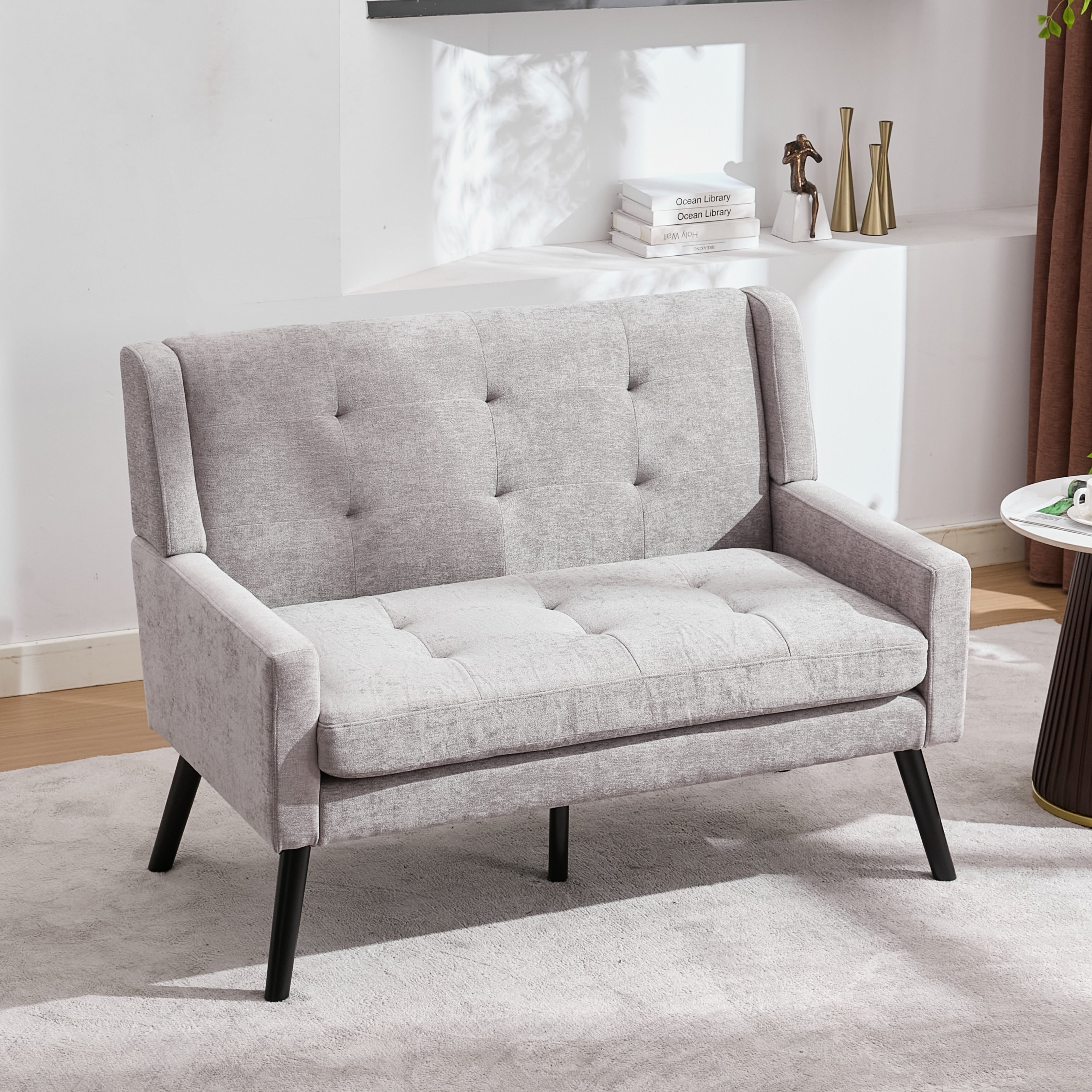 2-Seater Linen Bench with Button Tufting and Solid Wood Legs, Natural Linen