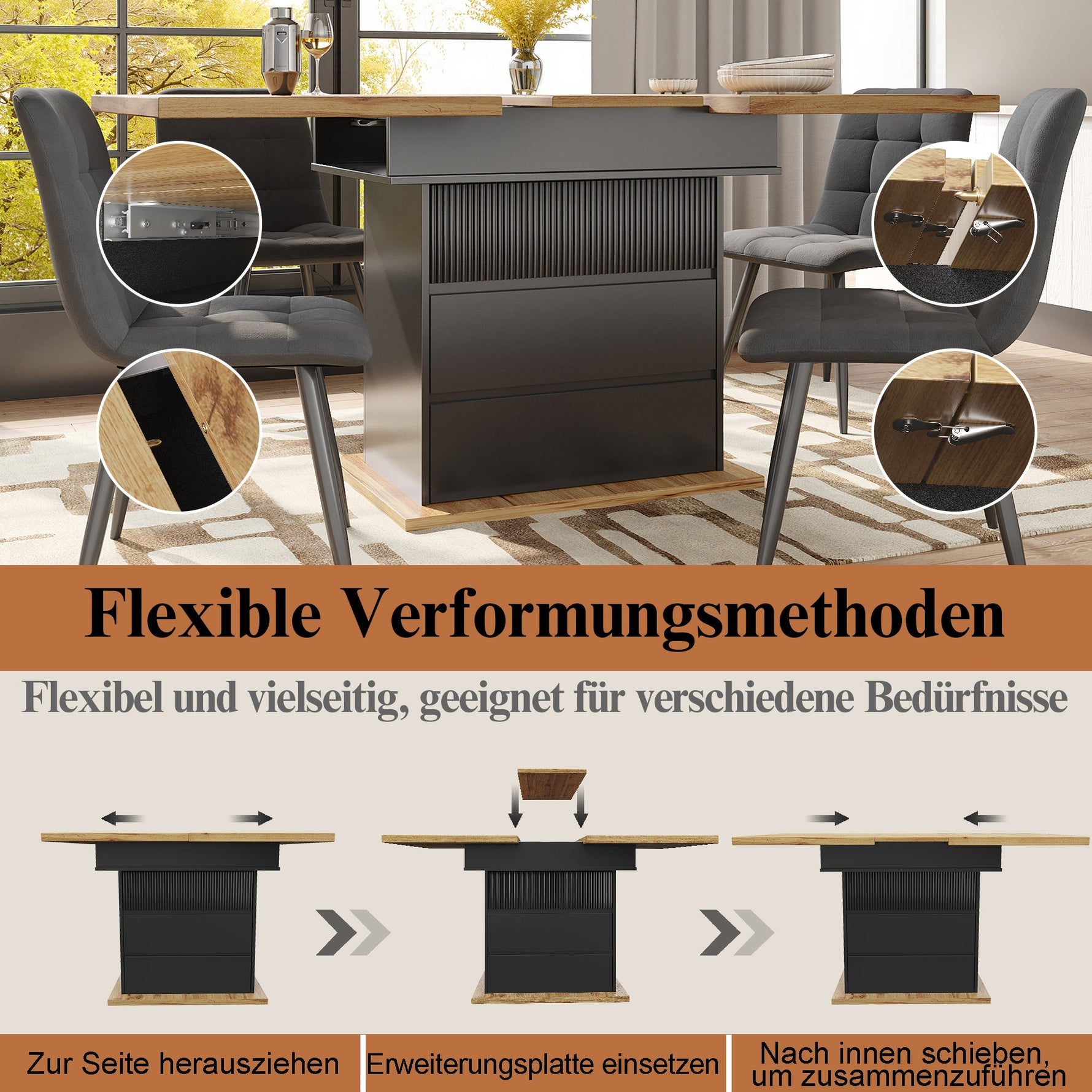 Telescopic Dining Table, Extendable with Storage Shelves for 4-6 People, Black