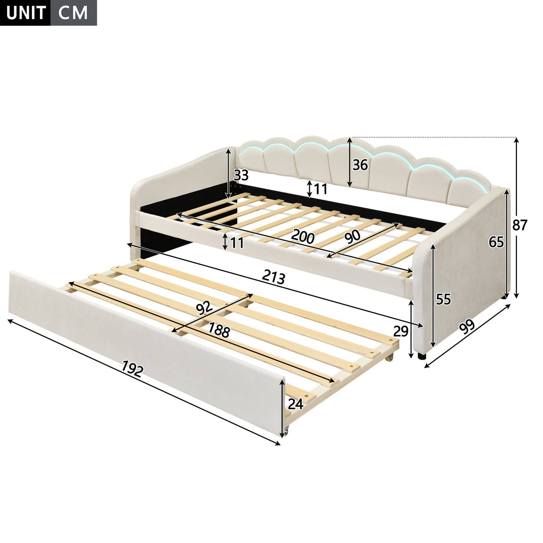 Daybed Sofa Bed 90x200cm Pull-out Bed Ambient Light Remote - Velvet Beige