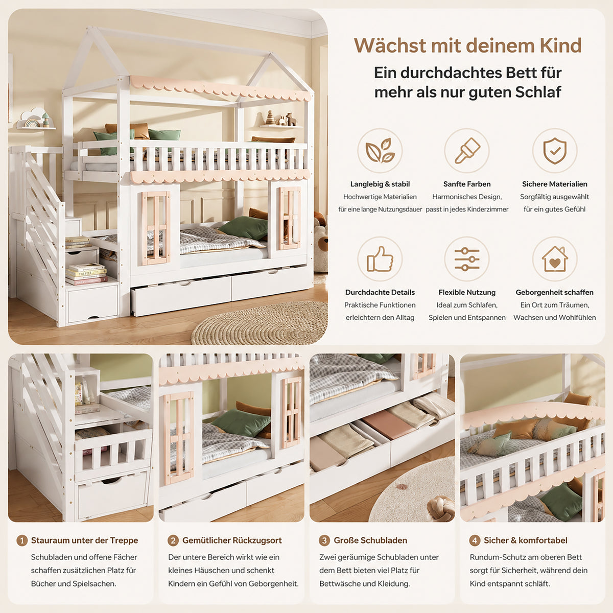 House Bunk Bed 90x200cm with Storage & Drawers, White & Natural