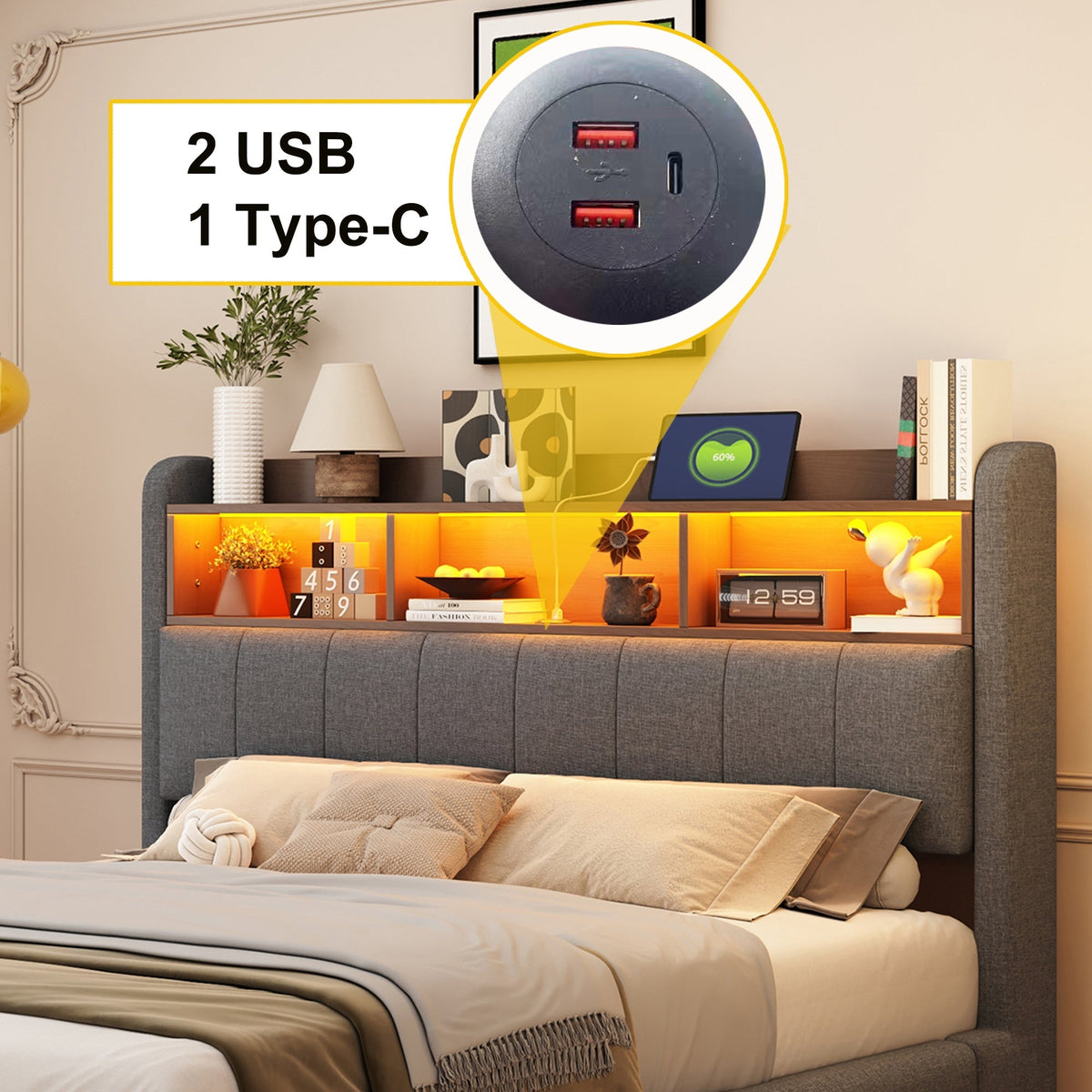 Suspended Design Upholstered Bed, Multifunctional Storage, LED, USB, Type-C, Linen Fabric Gray