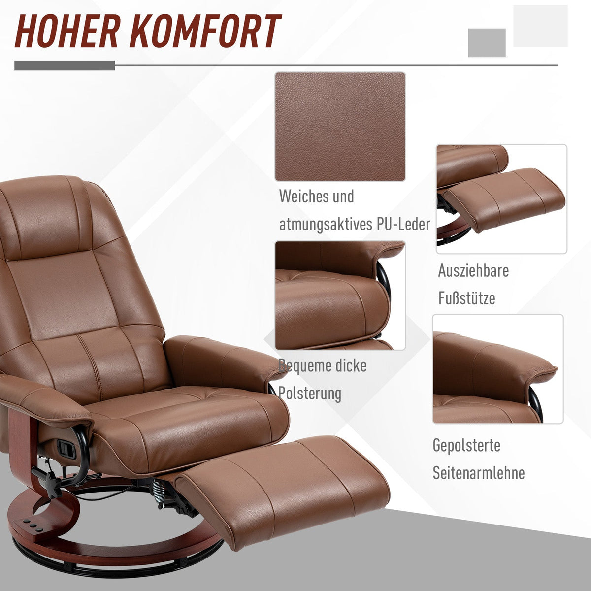 Swivel Recliner Chair, Reclining Footrest Armrests, Faux Leather