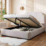 Upholstered Bed 140x200 with Hydraulic Storage and Wide Headboard, Striped Fabric White and Coffee