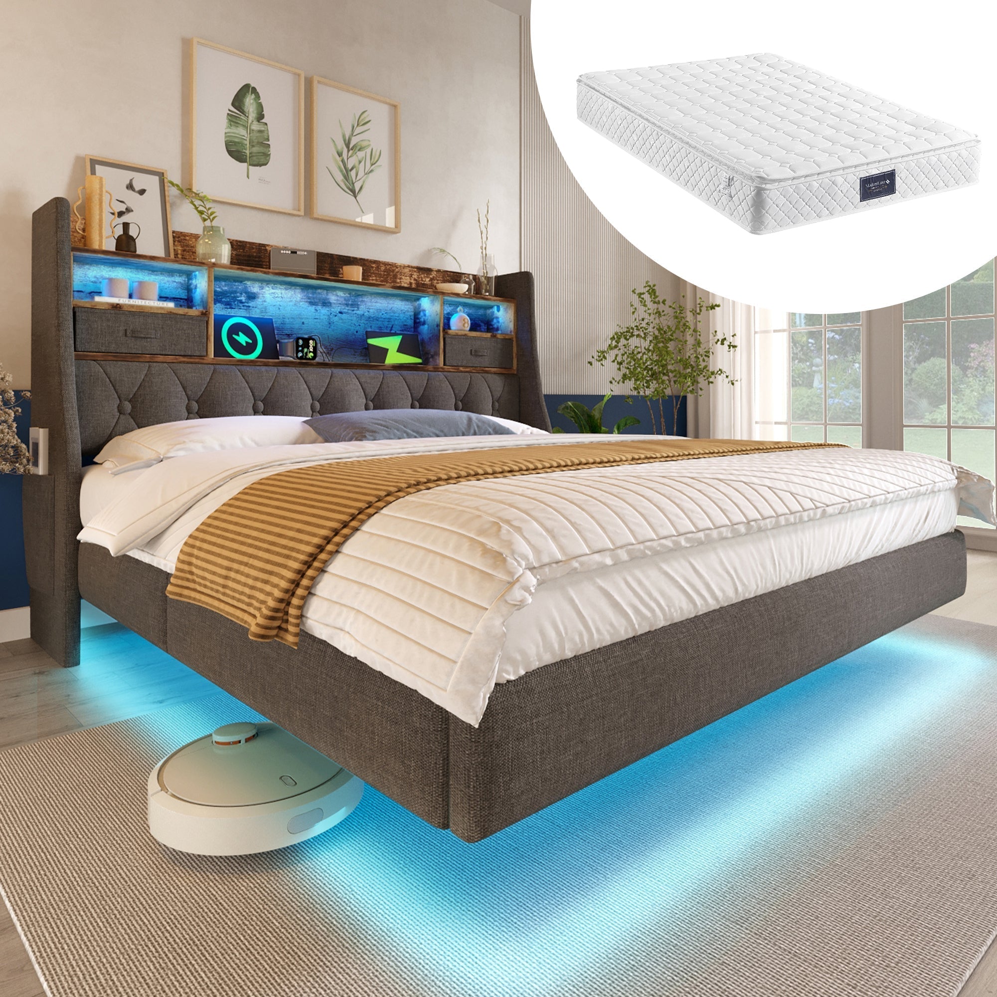 Upholstered Bed 160x200 Floating with LED, Charging Station, Storage Headboard Linen, Grey