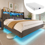 Upholstered Bed 160x200 Floating with LED, Charging Station, Storage Headboard Linen, Grey