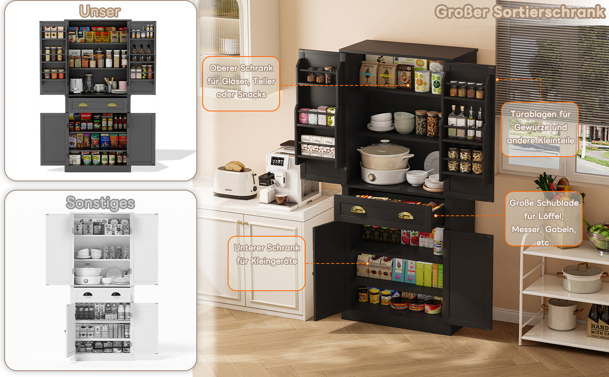 Storage Cabinet 182cm 4 Doors 1 Drawer Adjustable Shelves - Black