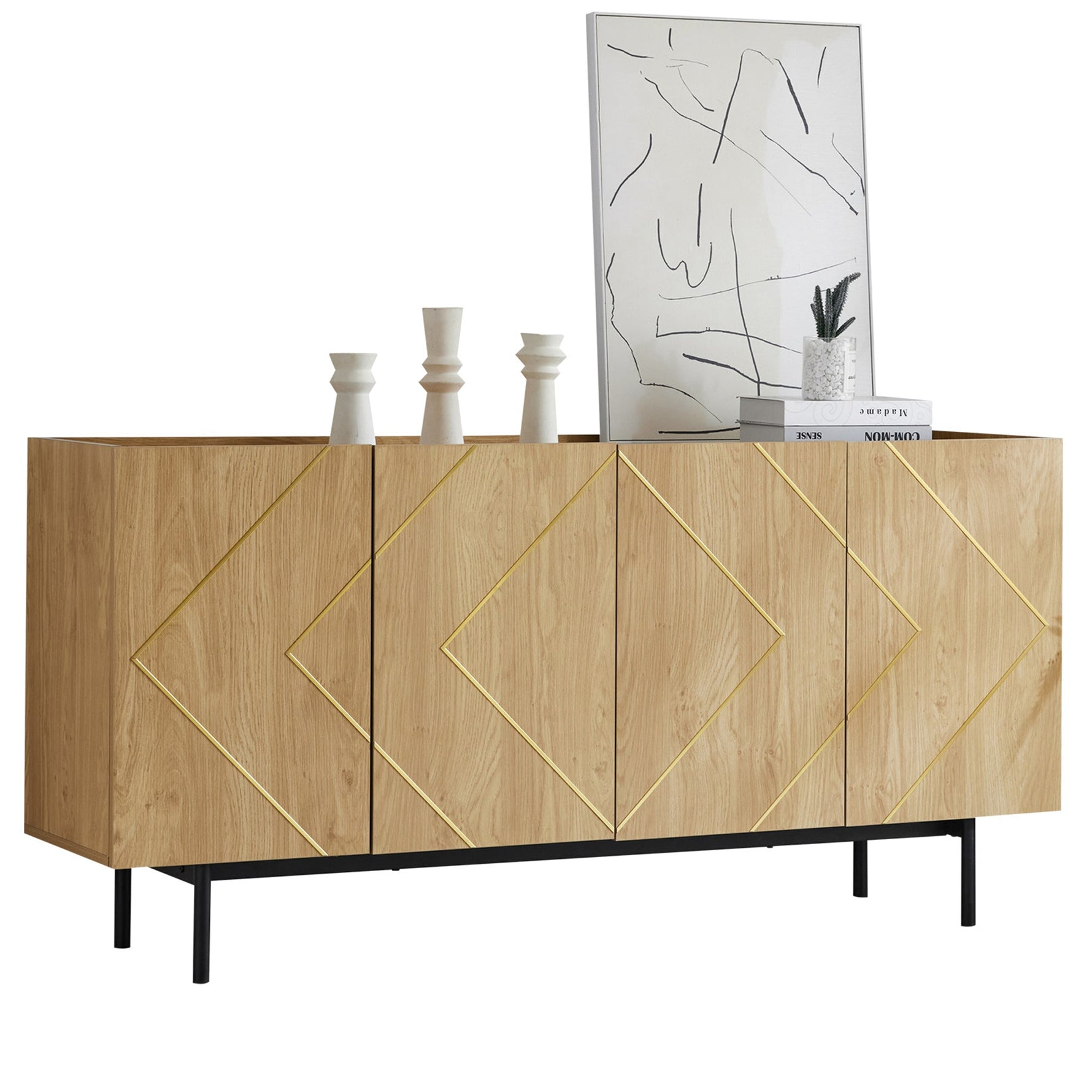 Sideboard living room buffet cabinet with 4 doors and metal inlay natural wood