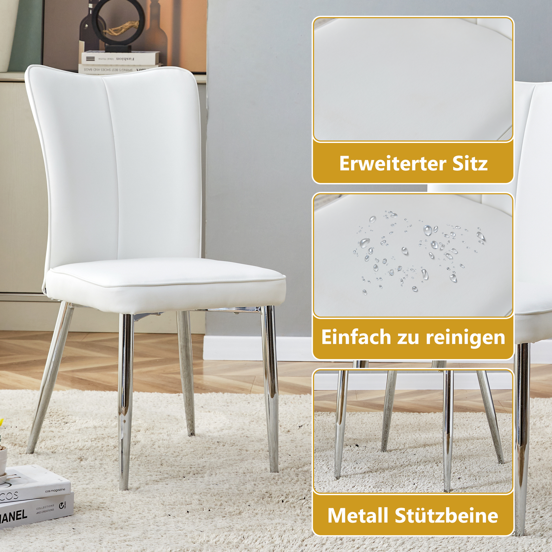2x Modern Dining Chairs PU Leather Silver Metal Legs White