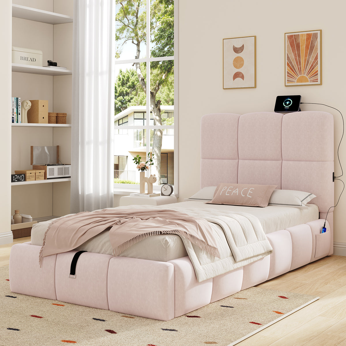Upholstered Bed 90x200cm with Storage & USB Port, Pink Velvet