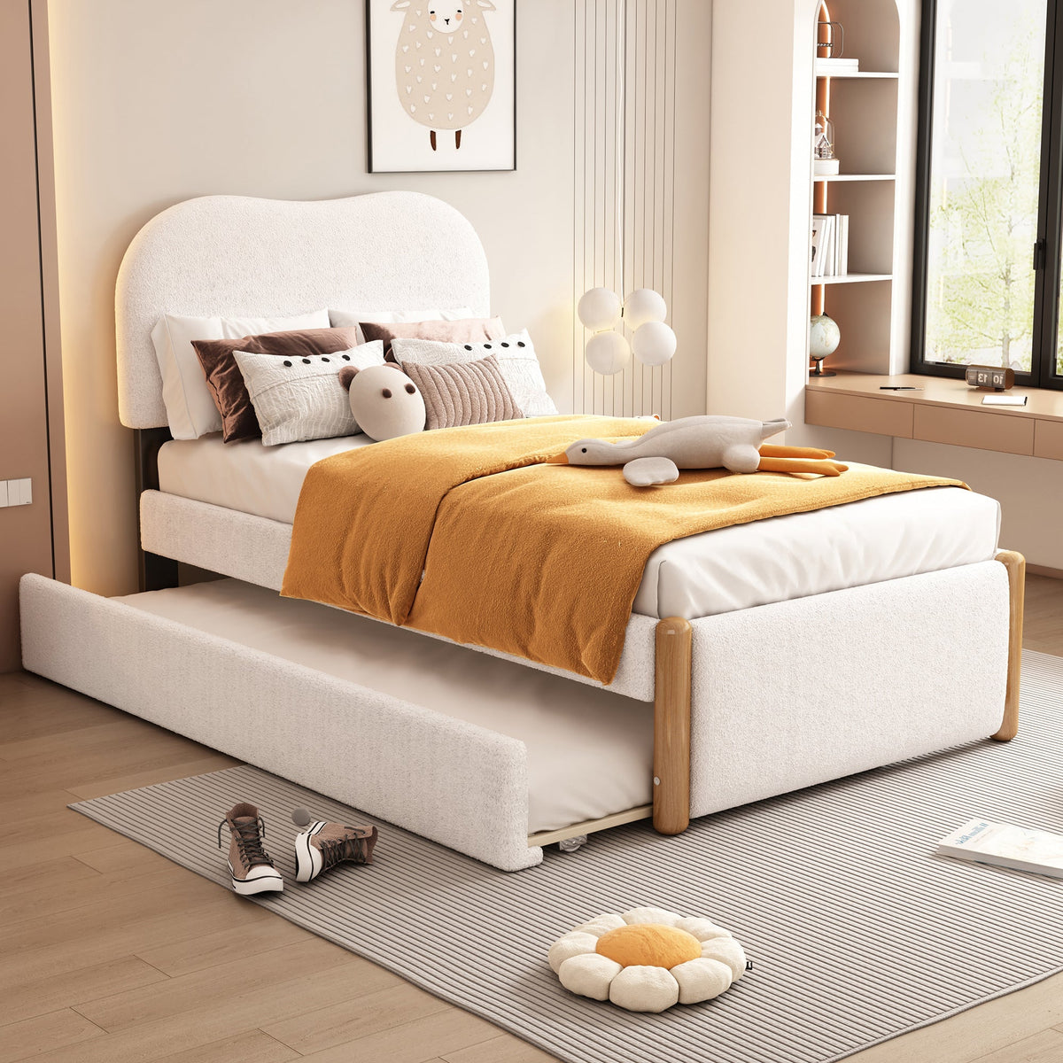 Upholstered Flat Bed with Pull-Out Trundle, 90x200cm, White Velvet