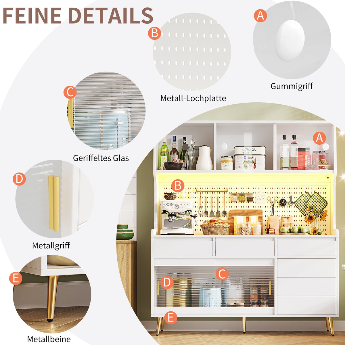 Modern Tall Cabinet with LED & App Control, Pegboard Storage - White