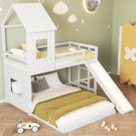 Bunk Bed, Slide House Bed with Safety Gate & Ladder, Pine + MDF, White