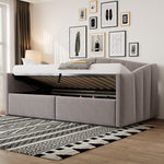 Upholstered Sofa Bed 90x200cm Hydraulic Storage Multifunctional Striped with Armrests Velvet Light Grey